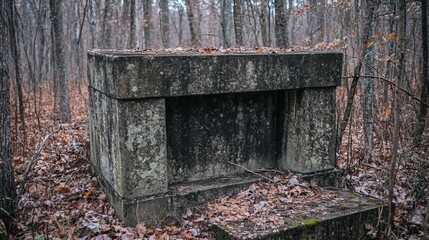 Weathered stone structure nestled within a leaf-strewn forest, exhibiting signs of age and decay.  A rectangular shape with a recessed central section