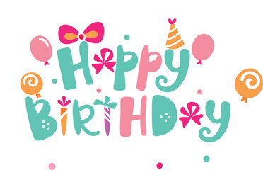 Whimsical Happy Birthday text with doodles and bows vector art illustration