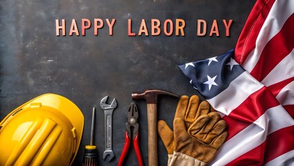 Happy Labor Day: American Flag with Tools and Hard Hat