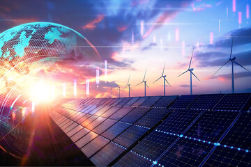Sustainable Energy Future Solar Panels Wind Turbines Globe and Stock Market Data Integration for a Greener Tomorrow