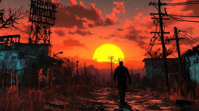 Lone Survivor Walks Through Post-Apocalyptic Wasteland at Sunset - Hope Amidst Ruins