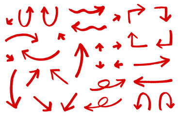 手描きの矢印のイラスト。方向を示すポインターに使える赤色のベクターセット。