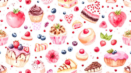 Watercolor Sweet desserts pattern on white background