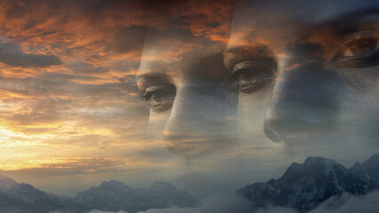 Obraz premium Swirling twilight clouds unveil multiple ethereal faces, casting a surreal ambiance across the mountain horizon as evening light gradually dances upon the peaks