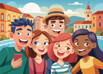 Happy Diverse Group of Friends Taking a Selfie in a European City