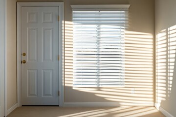 Sunlight streaming through white blinds casts soft shadows on beige wall and door. Clean, minimal interior. Morning light. Calm atmosphere. Peaceful home scene. Space for text. Warm tones