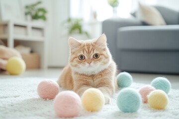 Cute fluffy kitten playing with colorful wool balls on carpet. Bright modern living room interior. Soft light. Curious pet in playful moment. Cozy home atmosphere. Pet care, lifestyle, copy space.