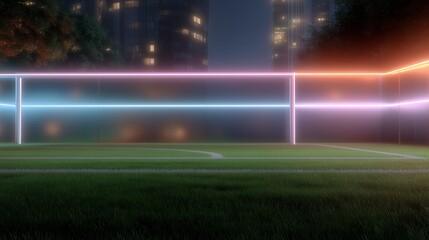 Neon-lit soccer field in an urban setting at night with artificial lighting and a vibrant atmosphere