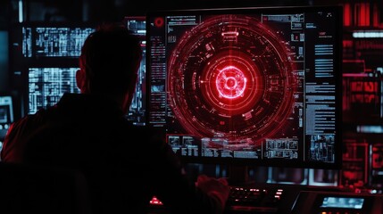 Menacing Red Alert Screen with Flashing Warning Signals at Night