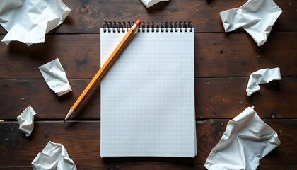 A notepad and pencil on a wooden surface with crumpled paper, ready for work.