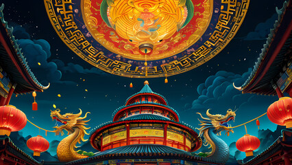 Colorful dragon temple under a night sky with lanterns lighting up the scene in an enchanting setting Generative AI
