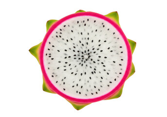 Close up of a ripe white dragon fruit slice with pink skin isolated on transparent background