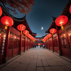 Beautiful lantern-lit alley in ancient town during evening with crescent moon and vibrant decorations Generative AI