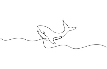 Fototapeta premium Continuous line whale tail drawing minimalist ocean outline vector illustration, Dot to dot line connect the dot drawing For children to learn to draw lines along.
