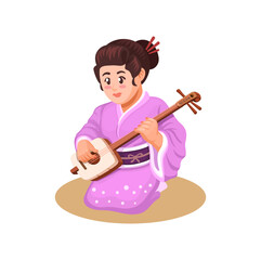 Japanese Girl Playing Shamisen Music Instrument Cartoon Illustration Vector