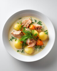 Creamy Finnish salmon soup with baby potatoes, carrots and dill in white bowl

