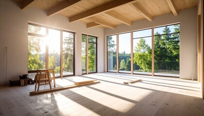 Home refurbishment process on a sunny day, featuring large, modern windows that allow natural light to flood the space.