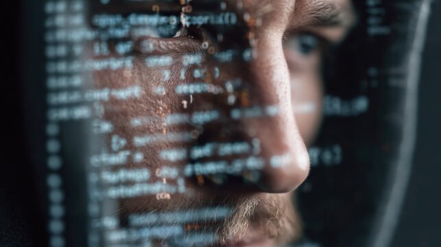 Close-up of man with coding text overlay