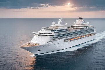 Cruise ship sailing on calm waters during sunset near a coastal horizon Generative AI