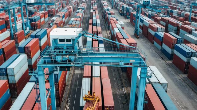 Large gantry crane lifting cargo container in a busy port terminal, with rows of colorful shipping containers stacked high, representing global trade and logistics