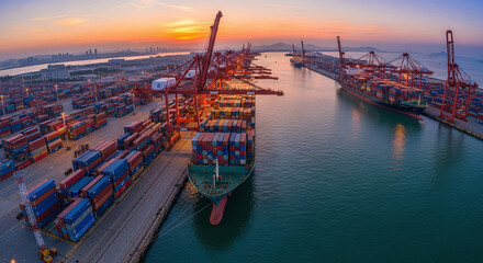 Container Port Logistics Global Trade Transportation Shipping Industry Sunset Scene