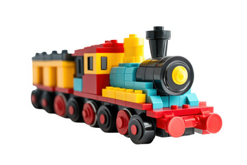 Fototapeta premium Vintage Toy Train Model Made of Blocks in Many Shapes on Transparent Background