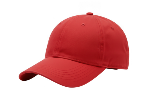 A plain red baseball cap with a curved brim isolated on transparent background