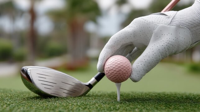 Hand in a white glove steadies a pink golf ball on a tee with a pink driver poised in the grass under clear blue skies, ready to drive - Powered by Adobe
