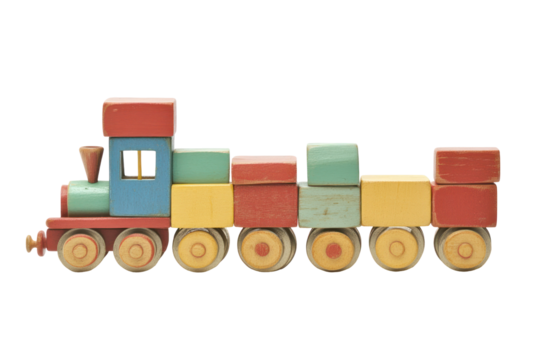  Vintage Toy Train Model Made of Blocks in Many Shapes on Transparent Background