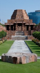 Large white marble temple adorned with gold and blue decorations stands elegantly amidst green lawns under a blue sky