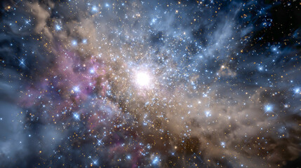 Fototapeta premium A dazzling supernova explosion dominates the center of a magnificent starfield, surrounded by swirling multicolored gas clouds that expand into the cosmos. The deep sky teems with stellar beauty