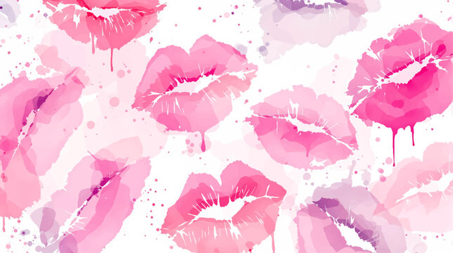 Watercolor seamless pattern lips, A seamless pattern background radiating sweetness and love. Watercolor lips in soft pinks and reds form a dynamic repeating pattern, playfully leaving kiss	