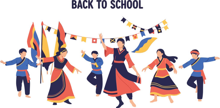 Back to school celebration with traditional dance and colorful flags vector - Powered by Adobe