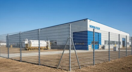Obraz premium Modern Industrial Building with Solar Panels on the Roof Viewed Through a Fence