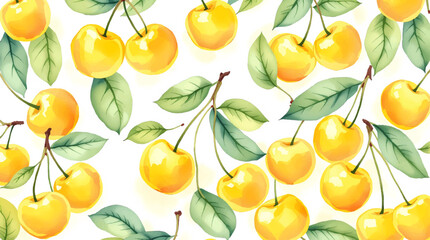 Watercolor background pattern yellow cherries on white background