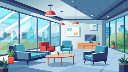 Modern Office Lounge with City View and Comfortable Seating