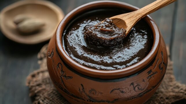 Traditional Ayurvedic Chyawanprash Paste in Clay Pot with Spoon