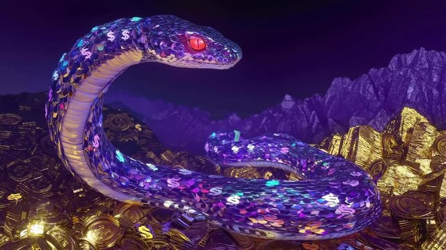 A glowing snake with scales made of $ symbols slithering slowly across a pile of gold, eyes glowing red, hissing, ancient wealth deity symbolism, NFT mythology and greed loop