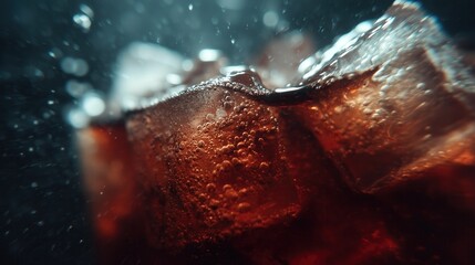 Coke bubbles and ice. Dynamic Splash. Refreshing Soft Drink with Ice Cubes. Cola bubbles.