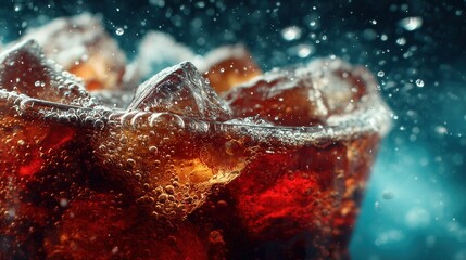 Coke bubbles and ice. Dynamic Splash. Refreshing Soft Drink with Ice Cubes. Cola bubbles.