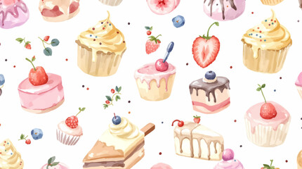 Watercolor Sweet desserts pattern on white background
