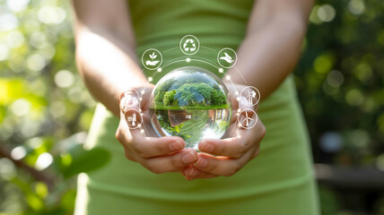 A close-up photograph of hands cradling a transparent glass orb against a blurred green natural background