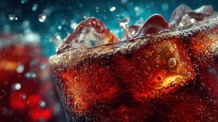 Coke bubbles and ice. Dynamic Splash. Refreshing Soft Drink with Ice Cubes. Cola bubbles.