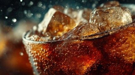Coke bubbles and ice. Dynamic Splash. Refreshing Soft Drink with Ice Cubes. Cola bubbles.