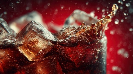 Coke bubbles and ice. Dynamic Splash. Refreshing Soft Drink with Ice Cubes. Cola bubbles.