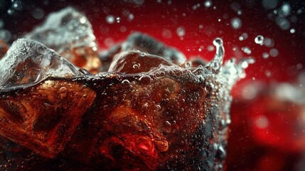 Coke bubbles and ice. Dynamic Splash. Refreshing Soft Drink with Ice Cubes. Cola bubbles.