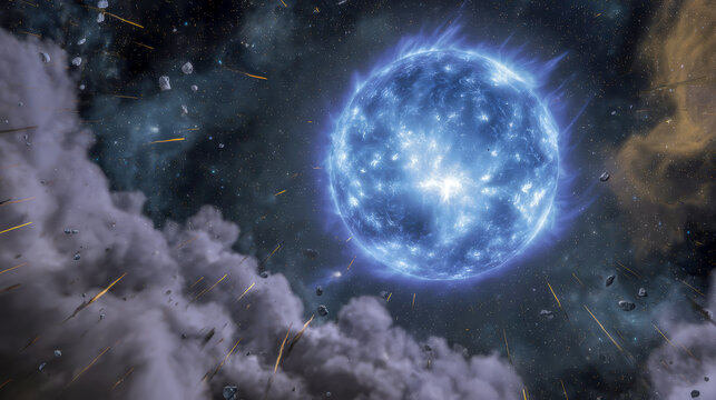 A colossal blue star shines intensely within a breathtaking nebula, surrounded by glowing gas. Scattered comets race past, highlighting the stellar activity of this captivating galactic zone