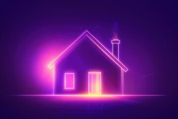 Glowing neon house icon in violet and pink light. Futuristic digital design with minimal lines. Dark purple background. Concept of smart home, real estate, and virtual living. Tech banner.