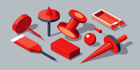 Collection of Red Isometric Push Pins Thumbtacks and Stationery