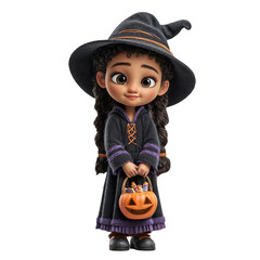 A little black girl dressed as a witch holds a basket of candy in the shape of a pumpkin. The girl smiles and is excited about Halloween.